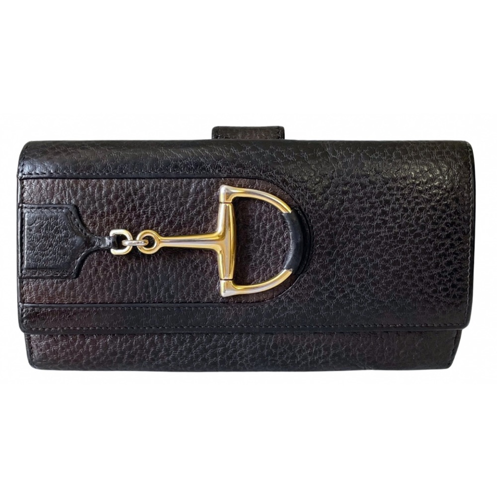 Gucci brown black pebbled leather horsebit long wallet